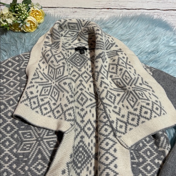 Talbots Wool Cashmere Blend Snowflake Graphic Grey White Open Front Cardigan LP - Picture 2 of 7